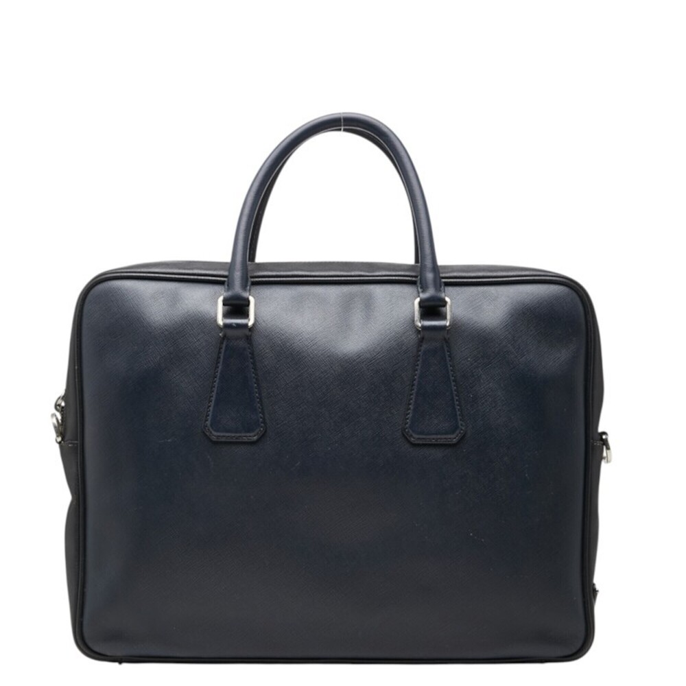 Prada Triangle Logo Plate Handbag Business Bag Navy Black Saffiano Leather Me...